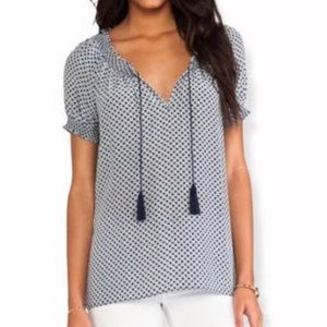Joie 100% Silk Women's Blouse Top Size XS Short Sleeve Navy & White